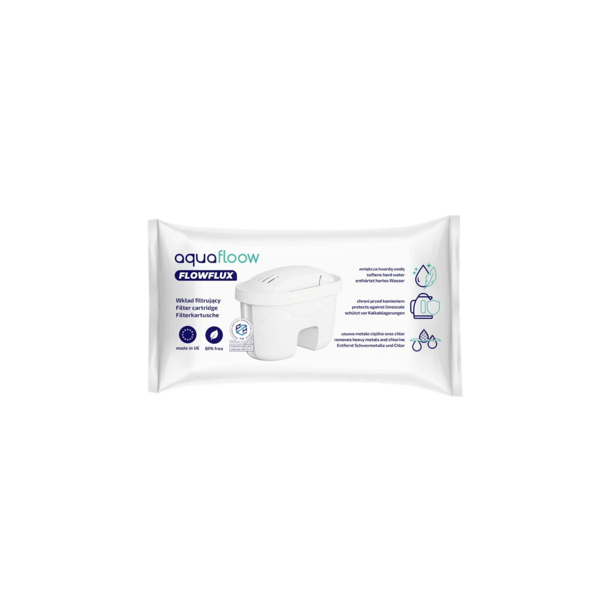 Aquafloow FlowFlux filtračná patróna do kanvice (náhrada Brita Maxtra/Maxtra+) v bielej fólii s obrázkom filtra a ikonami