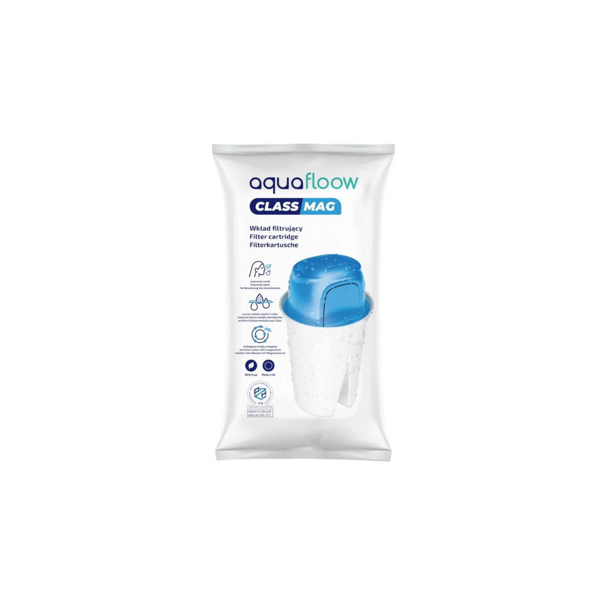 Aquafloow ClassMag filtračná patróna s horčíkom – biely filter s modrým viečkom na obale, zobrazený spredu
