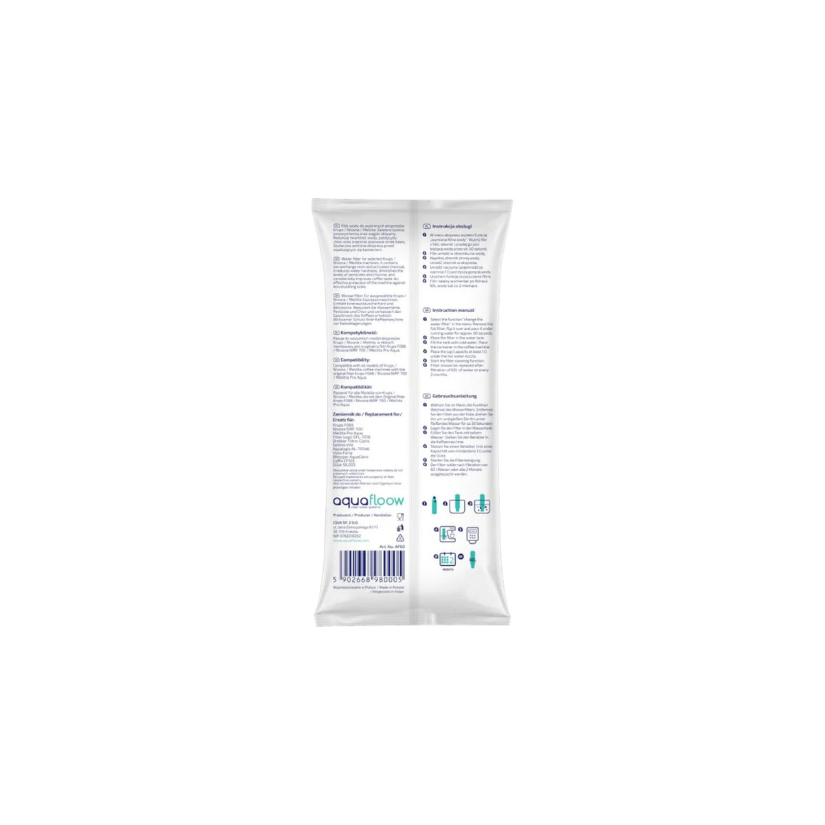 Aquafloow Maxiclar vodný filter kompatibilný s Krups/Nivona (náhrada NIRF 700 / F08801) zobrazený v zadnom plastovom obale s