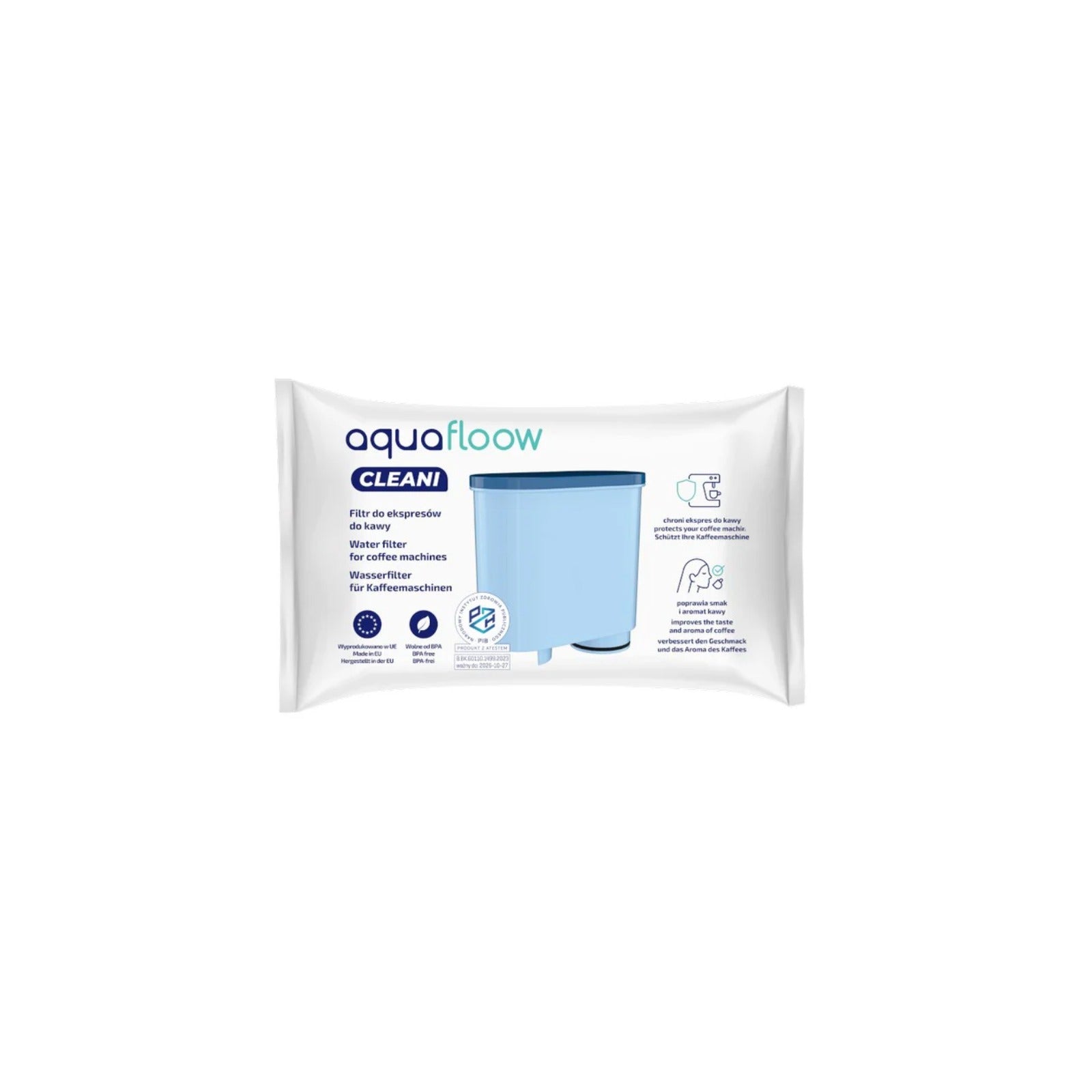 Aquafloow Cleani water filter compatible with Saeco/Philips coffee machines – packaging with image of blue filter and feature icons
