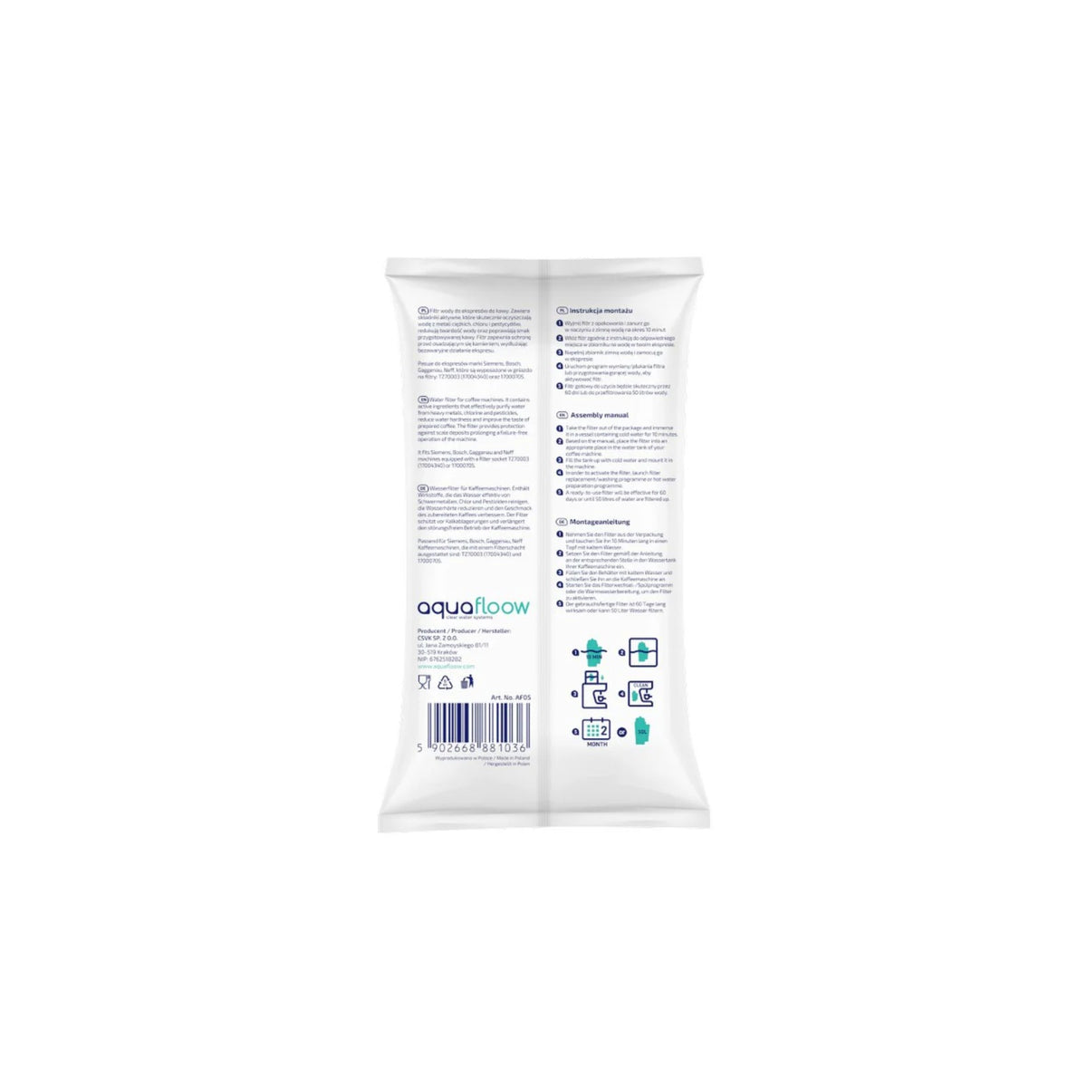 Aquafloow Intensive vodný filter kompatibilný s kávovarmi Bosch/Siemens (náhrada TZ70003/TCZ7003) – zadná strana bieleho balenia