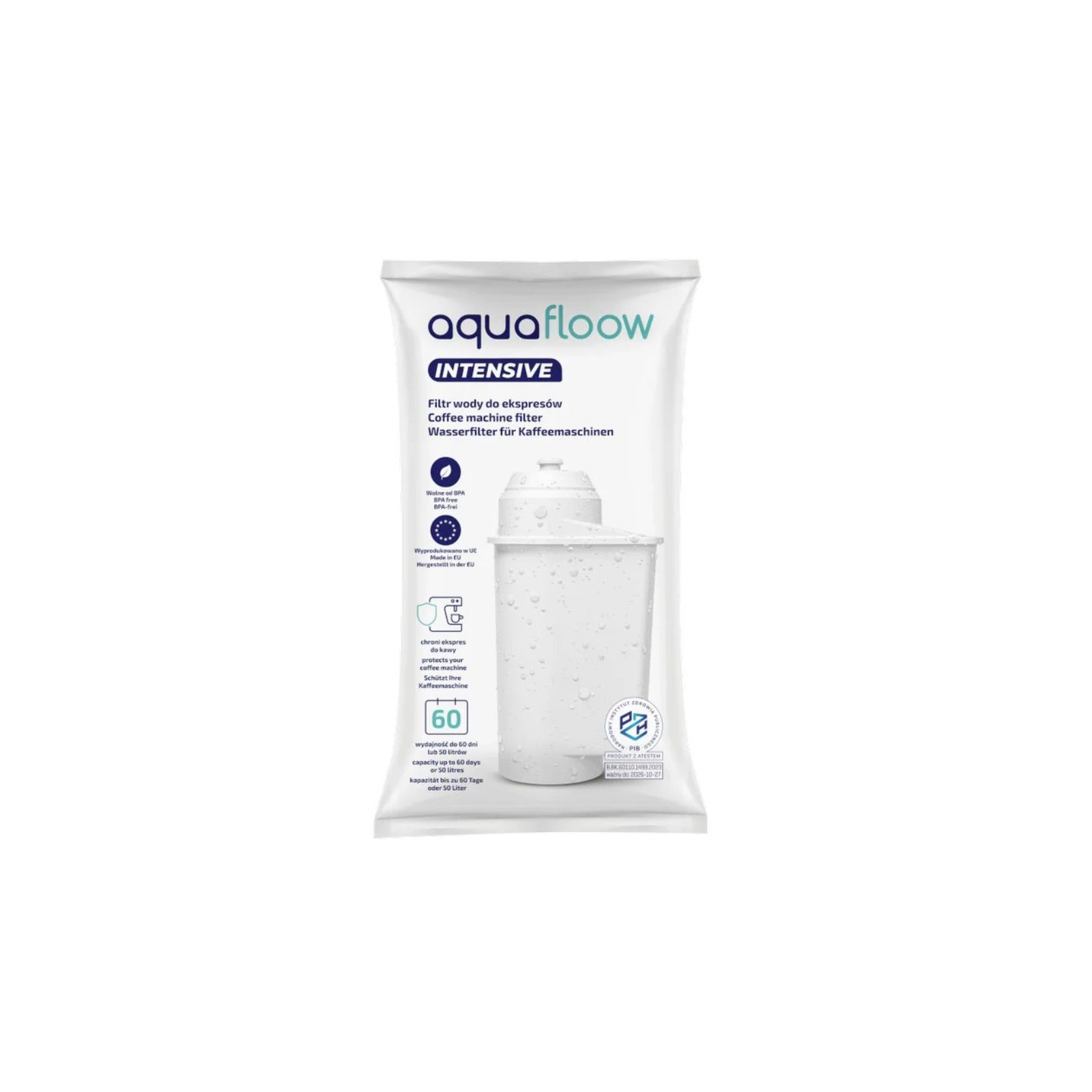 Aquafloow Intensive water filter compatible with Bosch/Siemens coffee machines, packaging with white filter shown on front