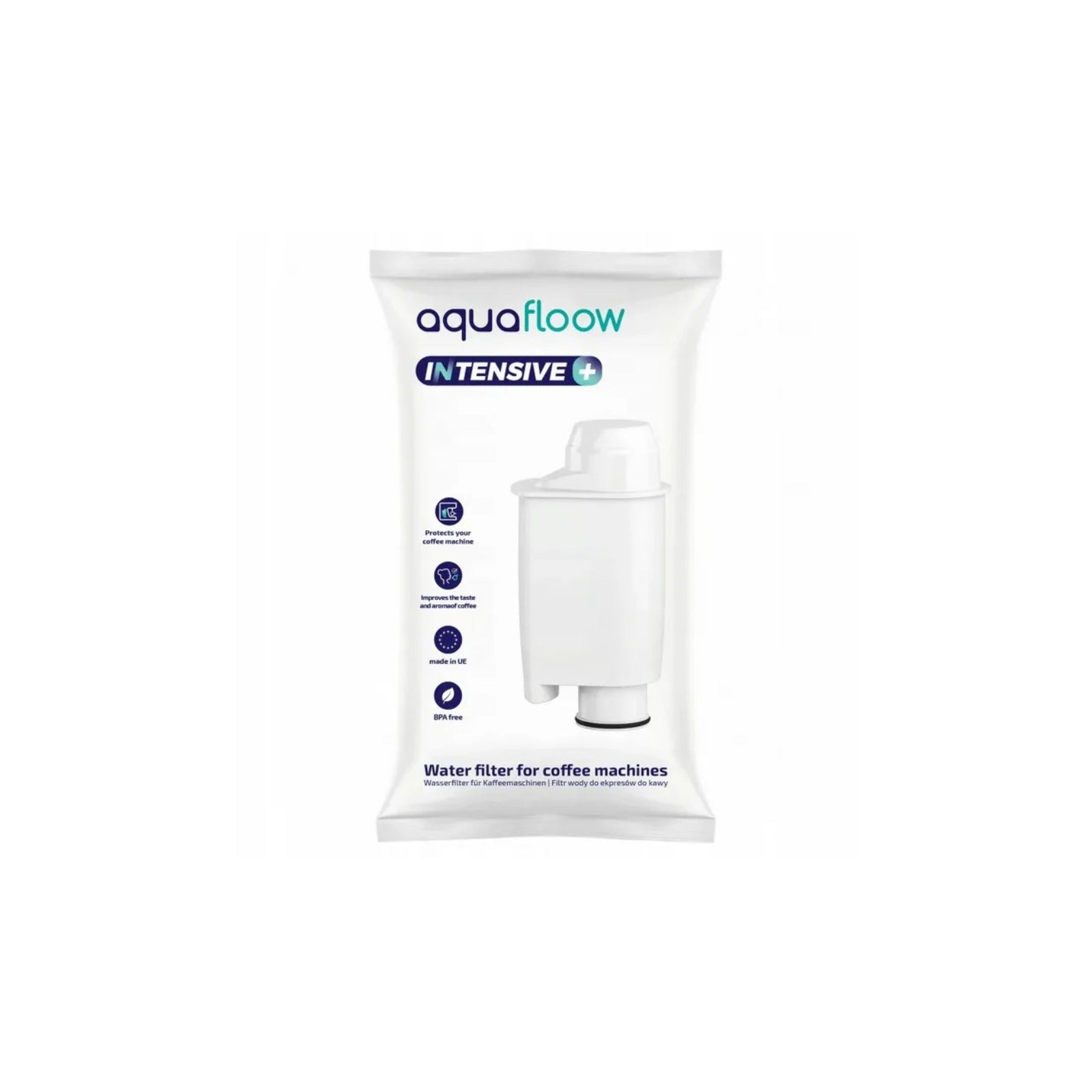 Aquafloow Intensive+ water filter (replacement for Brita Intenza+ CA6702/00) on white product photo with name and white filter shown
