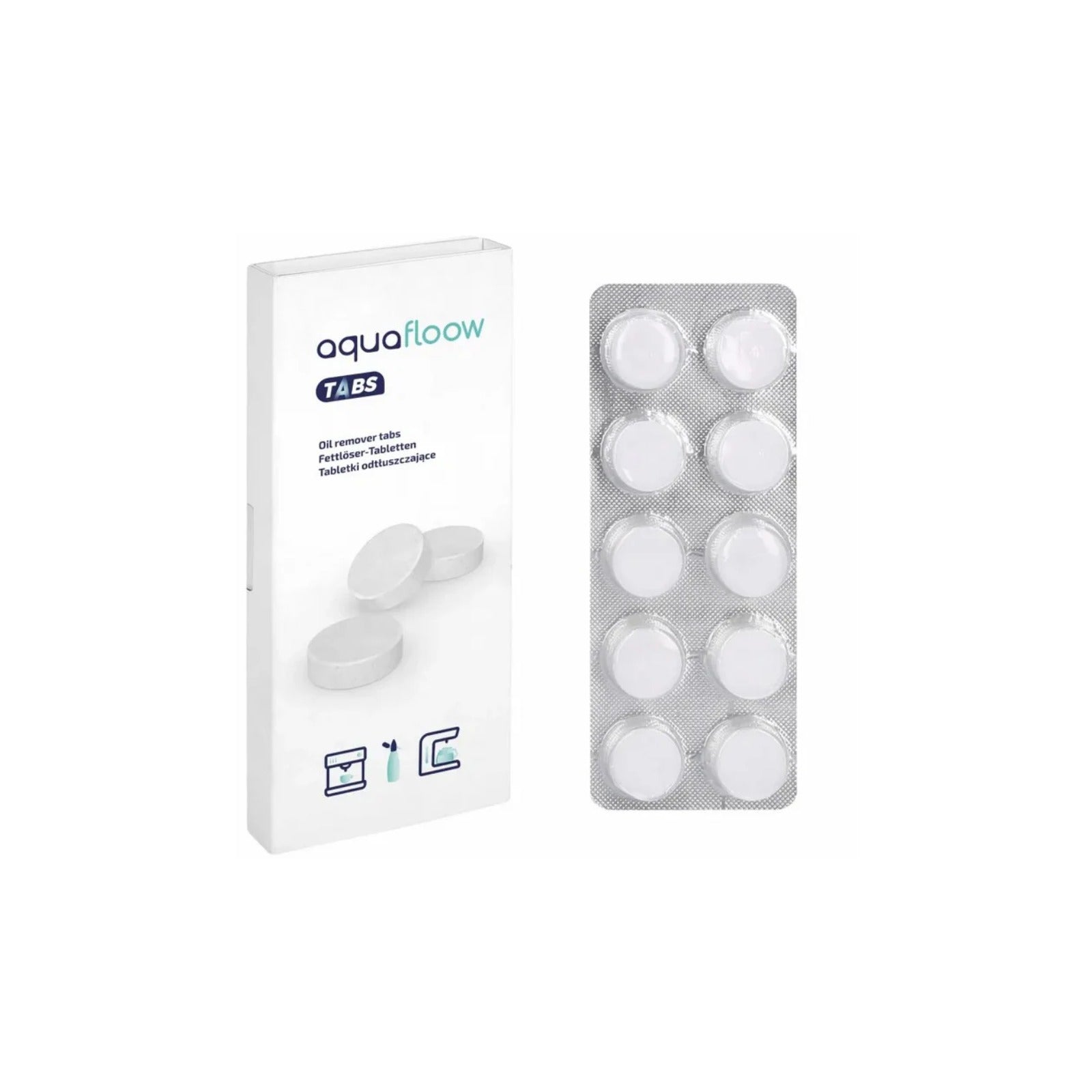 Aquafloow Tabs cleaning and degreasing tablets for coffee machines (10 pcs) – box and blister with ten white tablets