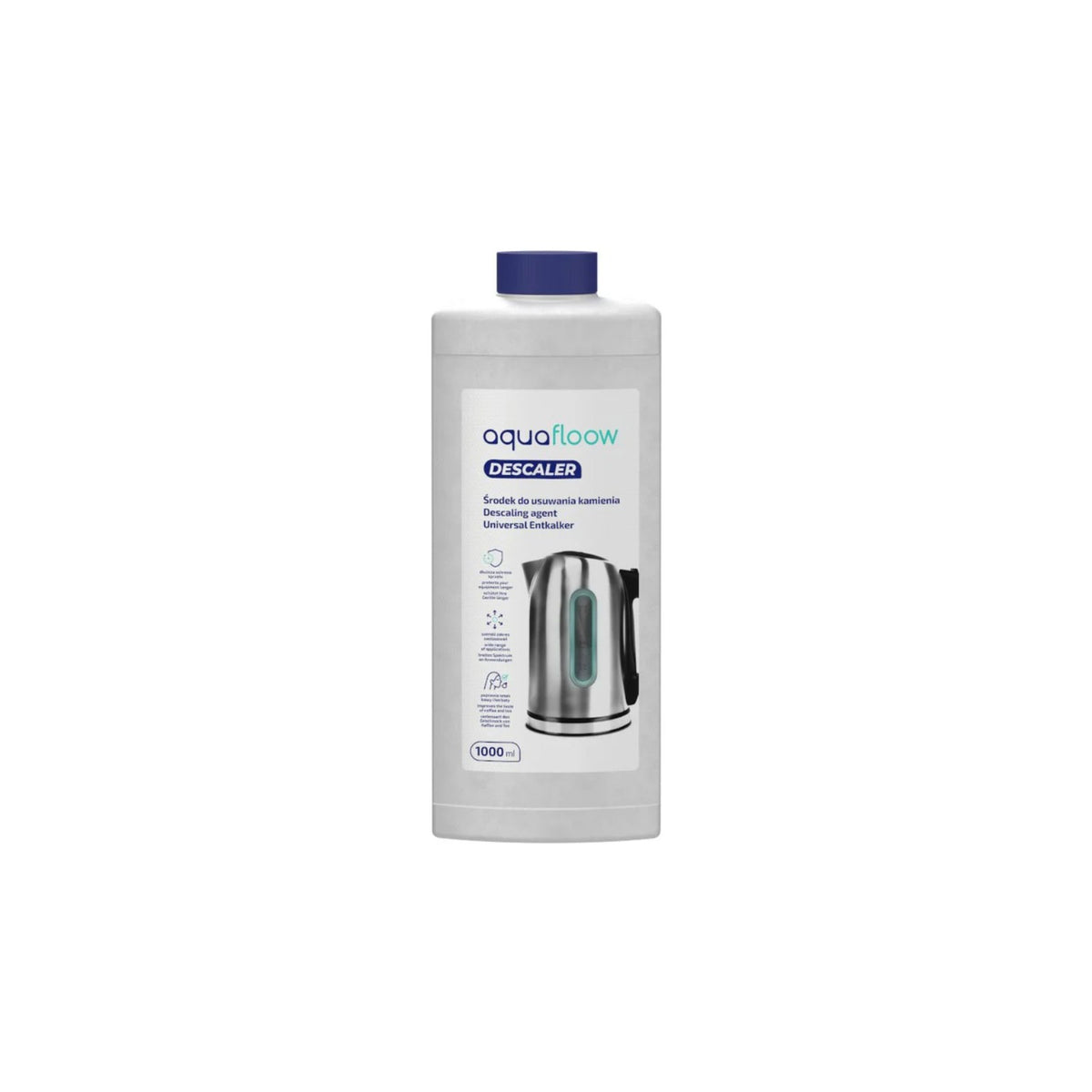 Aquafloow liquid descaler for coffee machines, kettles and irons (1000 ml) – white plastic bottle with a blue cap and an image of
