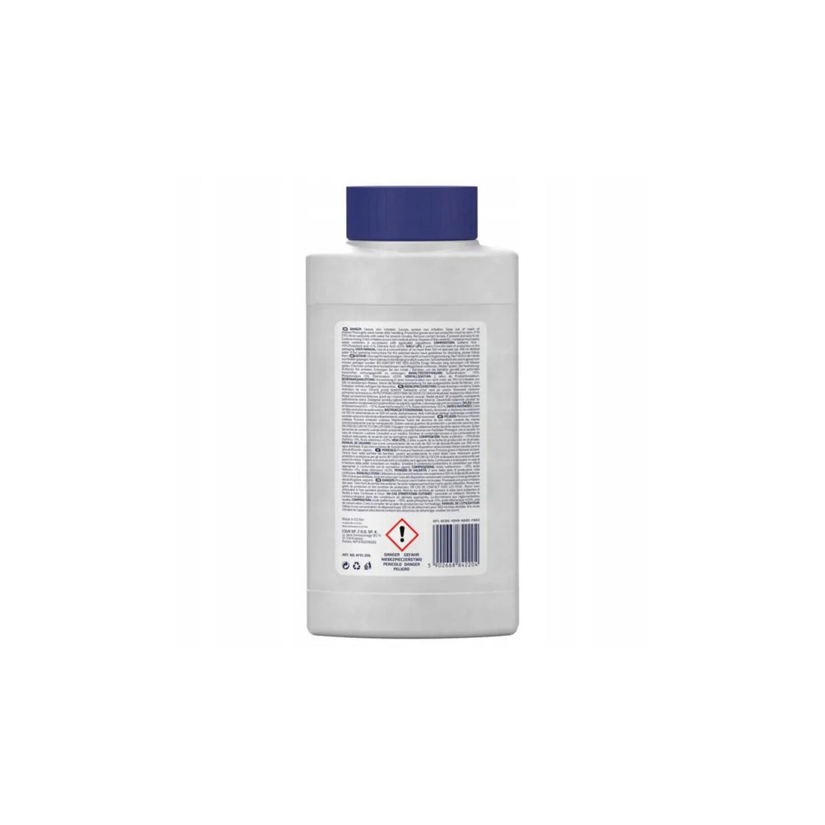 Aquafloow liquid descaler for coffee machines, kettles and irons (250 ml) – white bottle with a blue cap and a back label with text