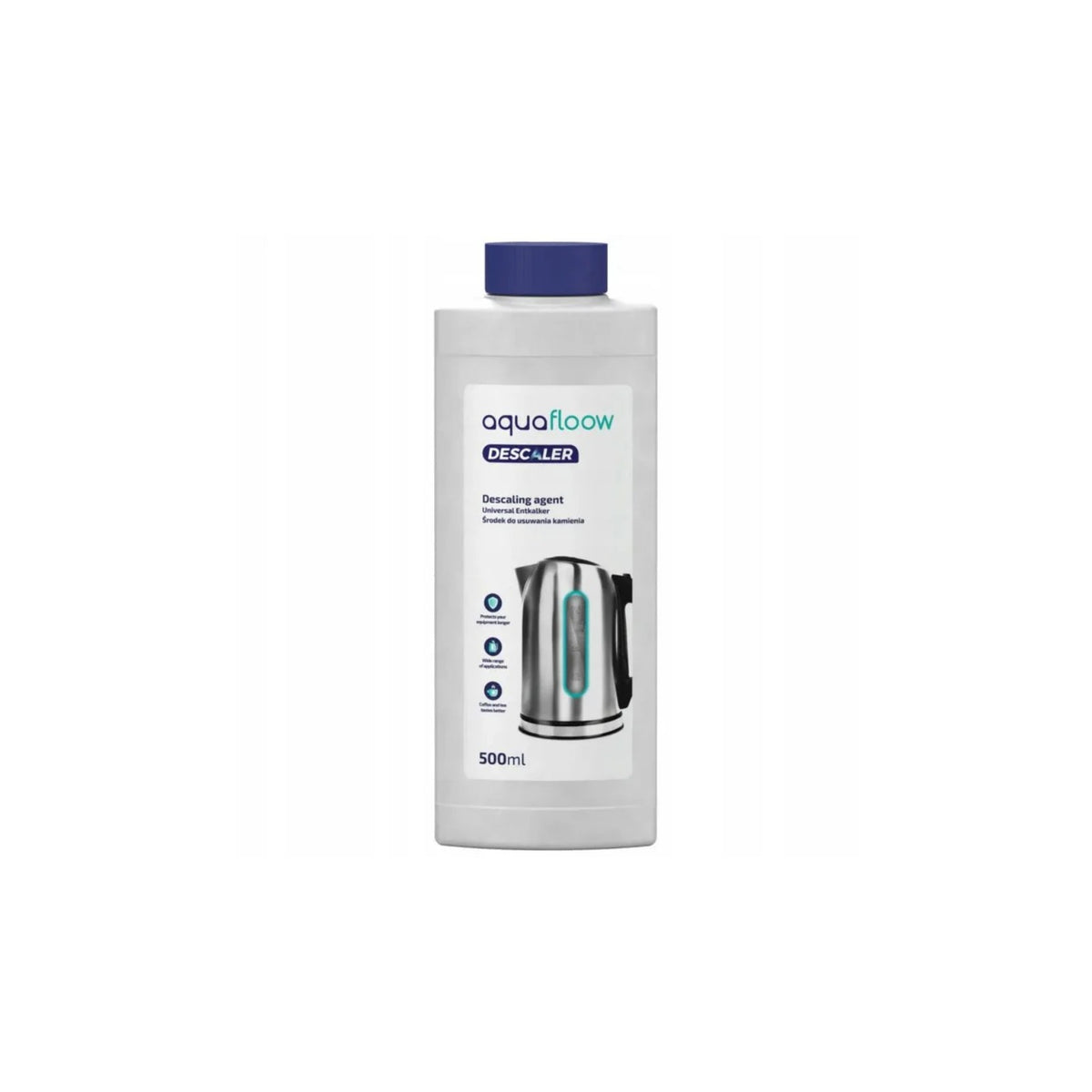 Aquafloow liquid descaler for coffee machines, kettles and irons (500 ml) – white bottle with a blue cap and a label with an image