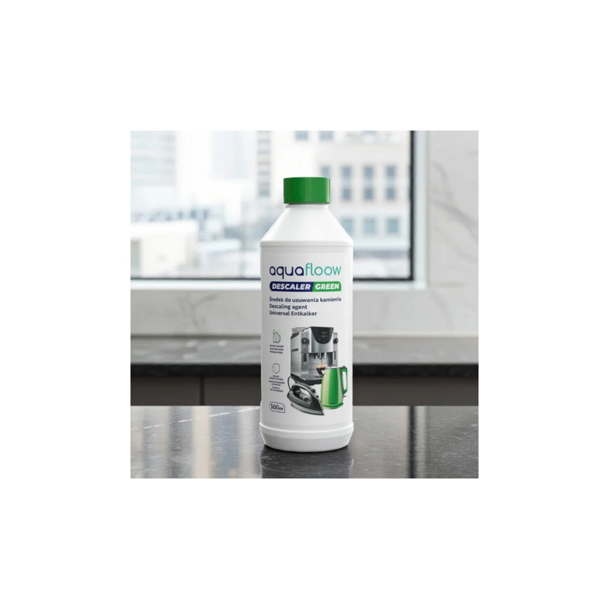Aquafloow Green natural descaler for coffee machines and kettles (500 ml) – white plastic bottle with green cap and label on