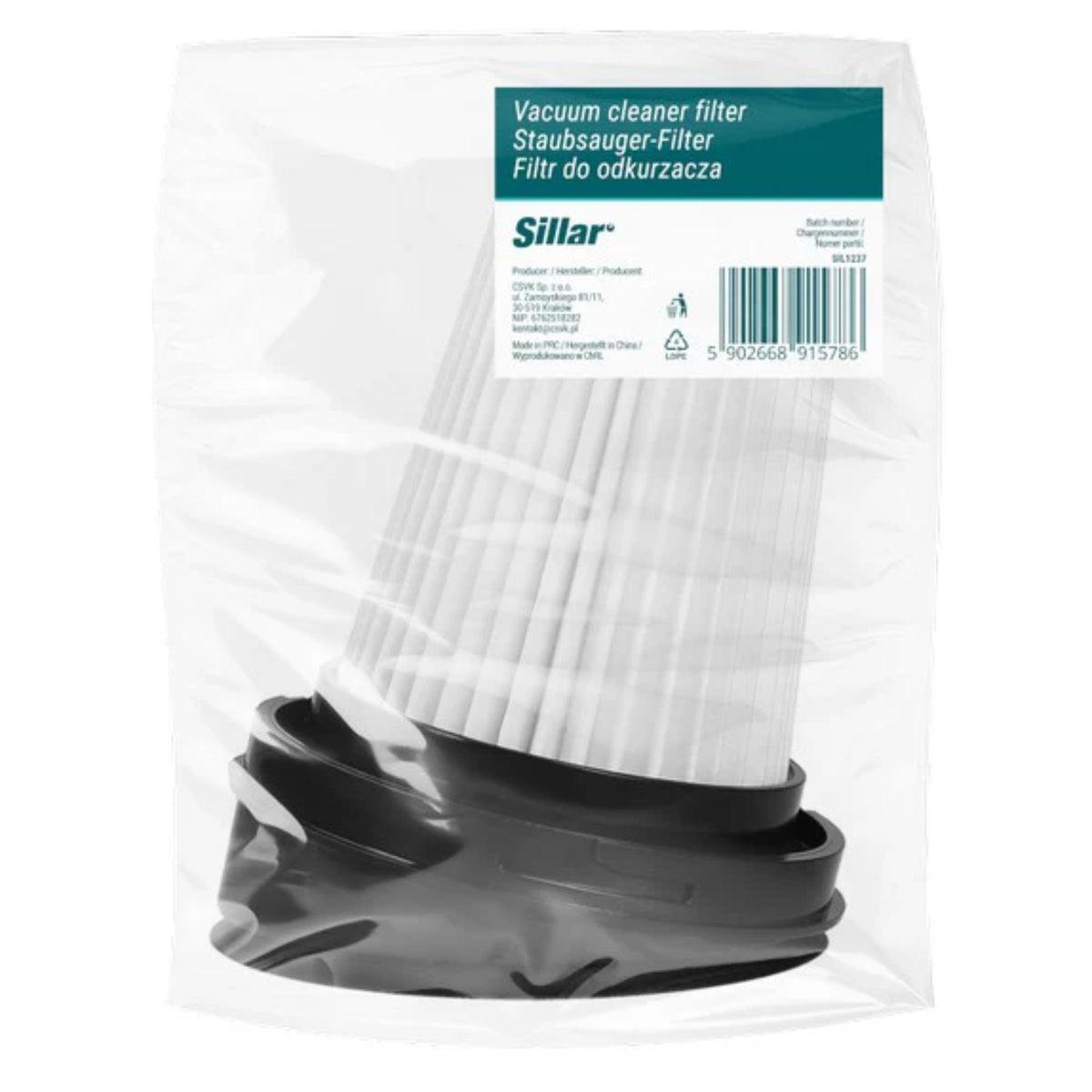 Sillar replacement HEPA filter for ETA 0449 00020 in clear packaging, detail of filter with white pleats and black plastic adapter