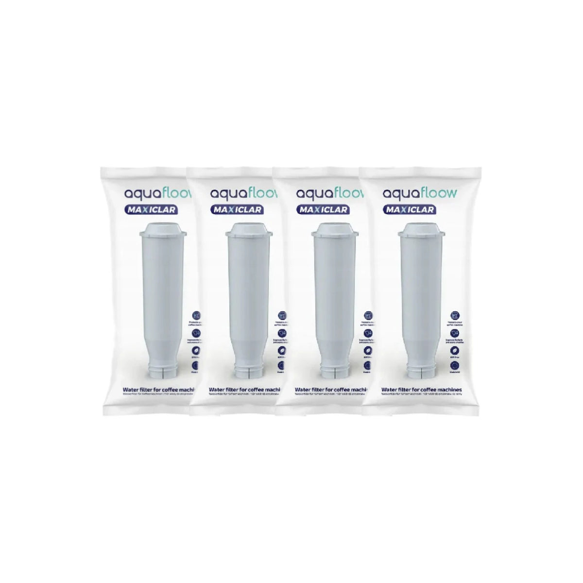 4x Aquafloow Maxiclar water filter compatible with Krups/Nivona coffee machines (replacement for NIRF 700 / F08801) — four white wrapped units