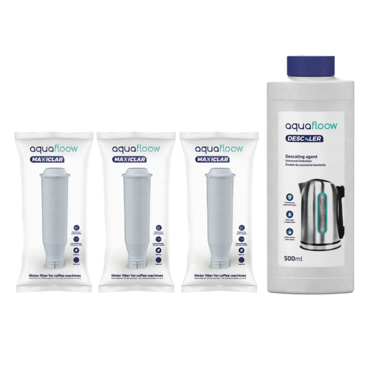 Aquafloow tekutý odvápňovač (500 ml) a 3× vodný filter Aquafloow Maxiclar - fľaša odvápňovača a tri zabalené filtre na bielom