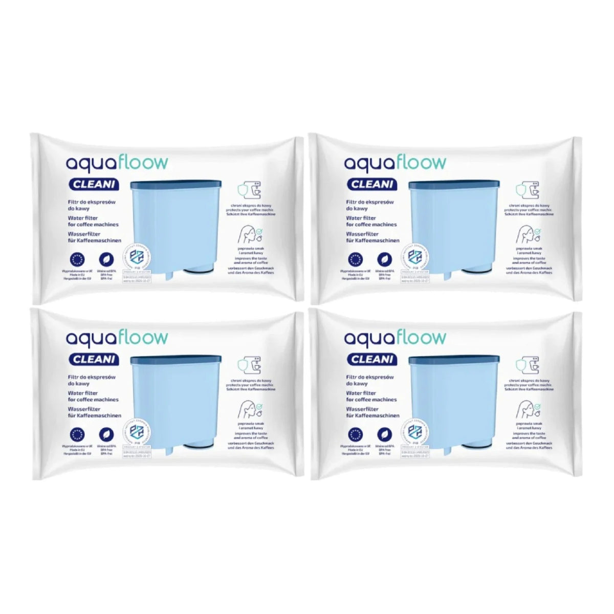 4x Aquafloow Cleani vodný filter - štyri balenia s modrým filtrom a bielym obalom zobrazené vo štyroch políčkach