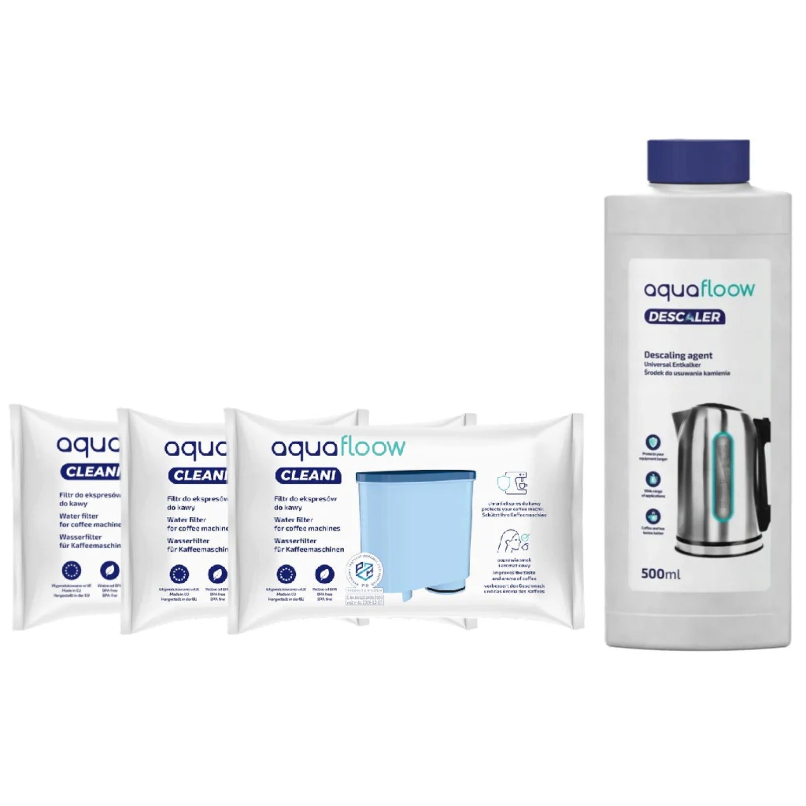 Aquafloow liquid descaler (500 ml) next to three packs of Aquafloow Cleani water filters on a white background