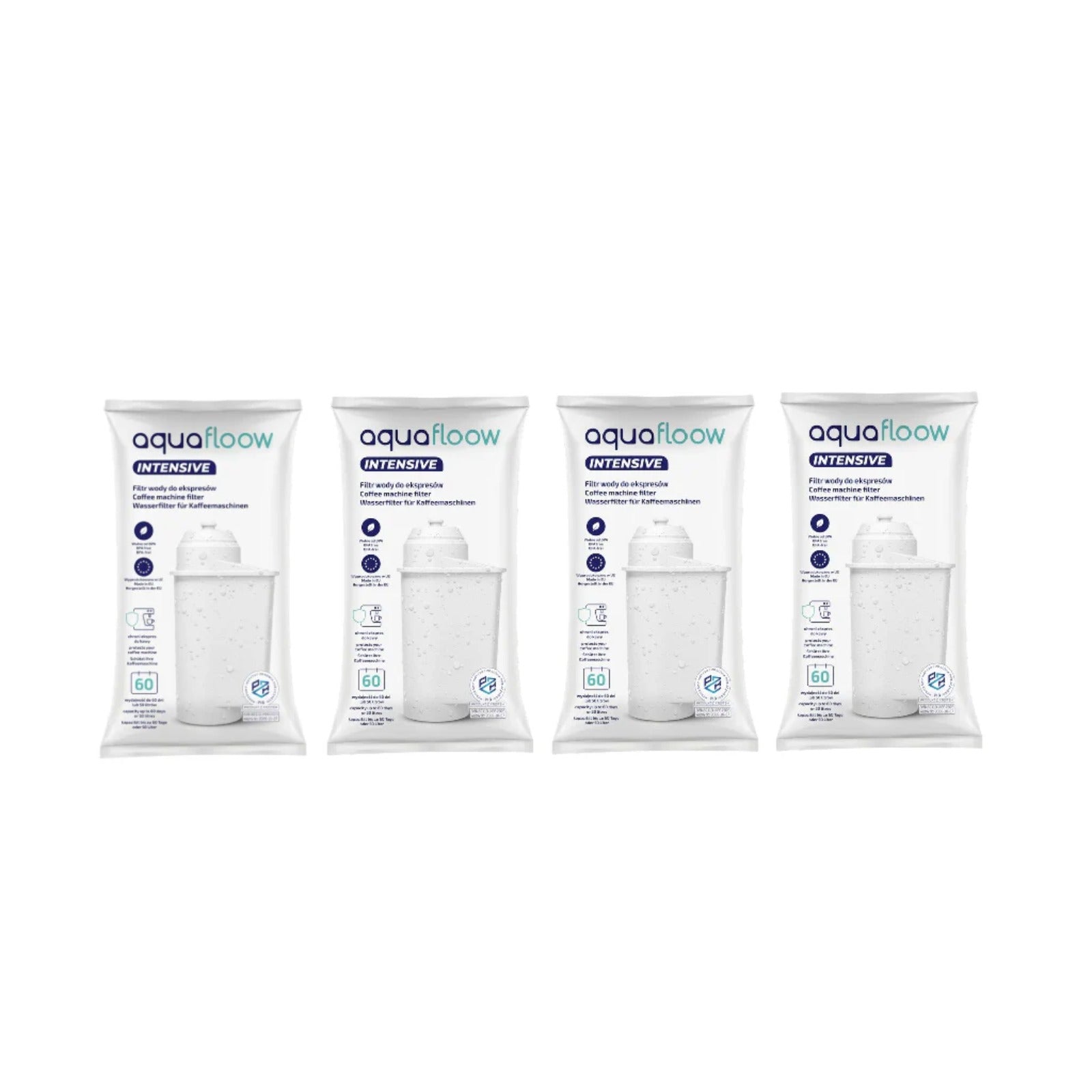 4x Aquafloow Intensive vodný filter pre kávovary Bosch/Siemens (náhrada za Intenza TZ70003/TCZ7003) – štyri biele zabalené