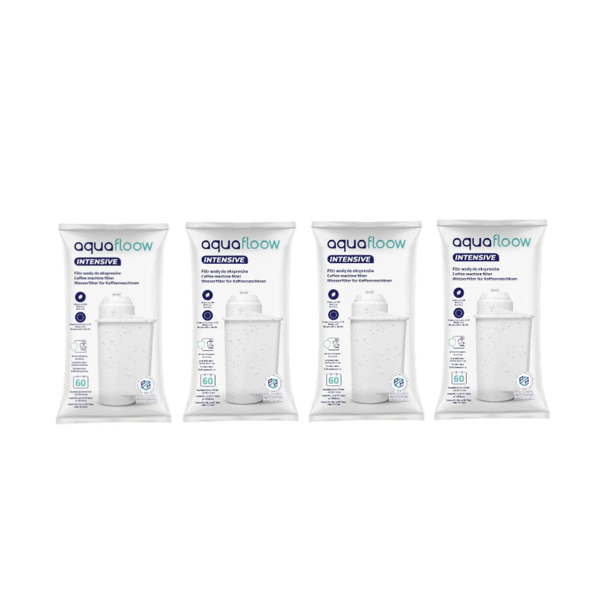 4x Aquafloow Intensive vodný filter pre kávovary Bosch/Siemens (náhrada za Intenza TZ70003/TCZ7003) – štyri biele zabalené