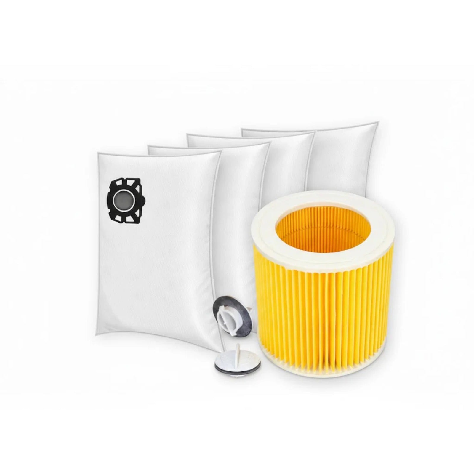 Sillar air filter + bags (4 pcs) for Kärcher vacuum cleaners WD 2/3/SE/SE4 – four white bags and a yellow cylindrical filter shown