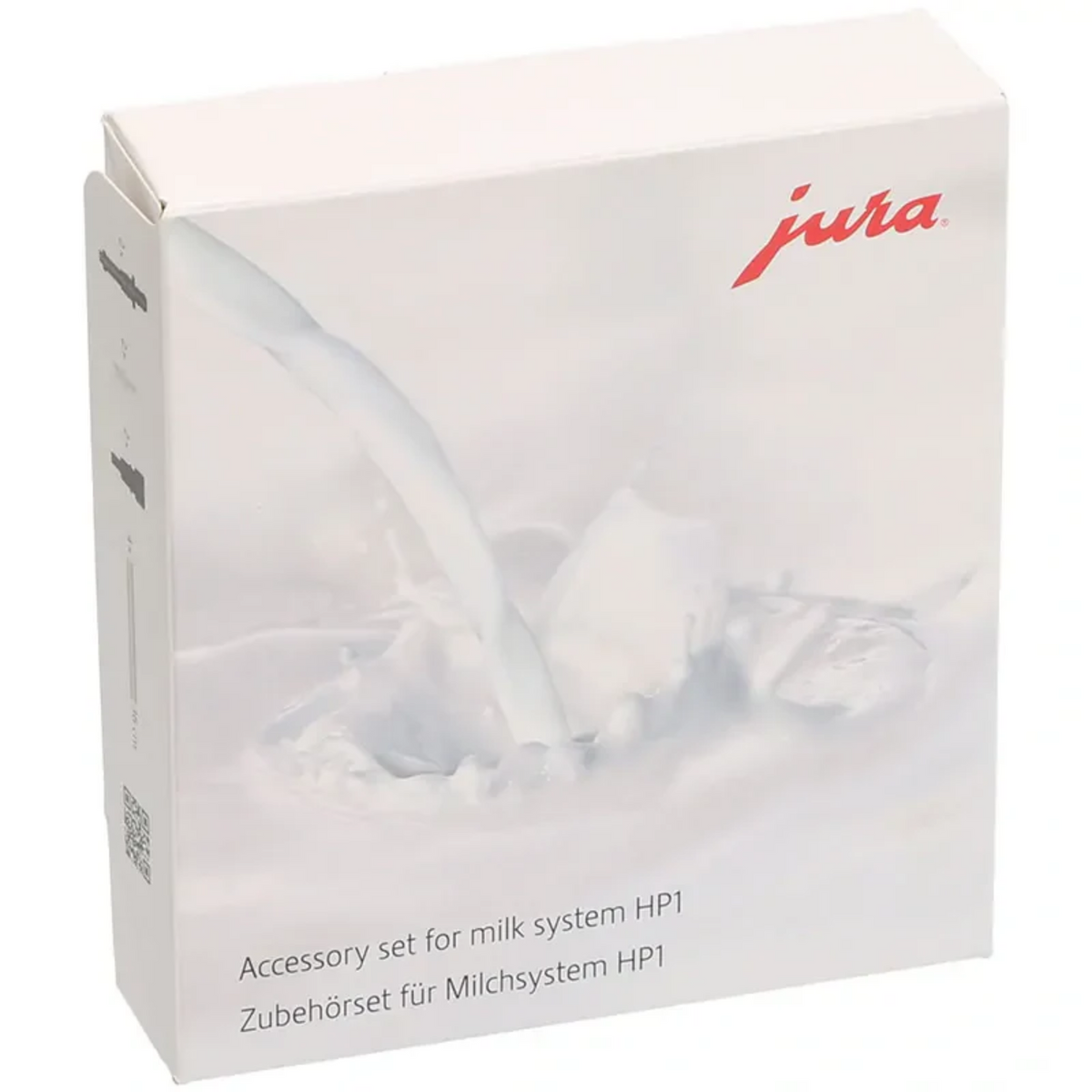 JURA milk system accessory kit HP1 (24115) – white box with a reddish jura logo and an image of splashing milk