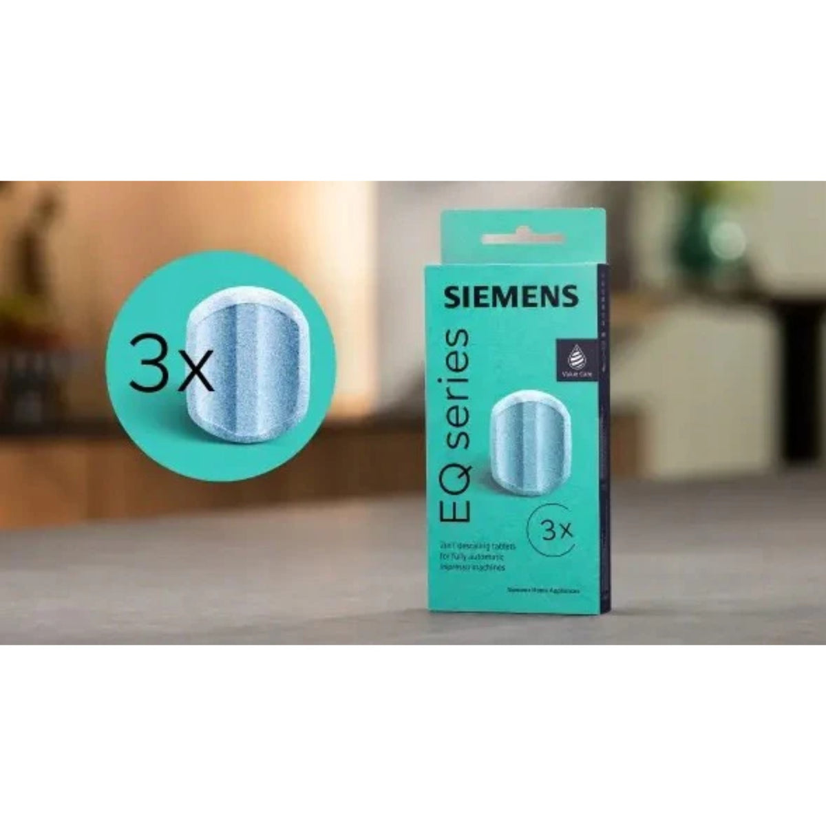 Balenie Siemens EQ series odvápňovacích tabliet 3 ks v tyrkysovom obale s obrázkom tablety a nápisom 3x.