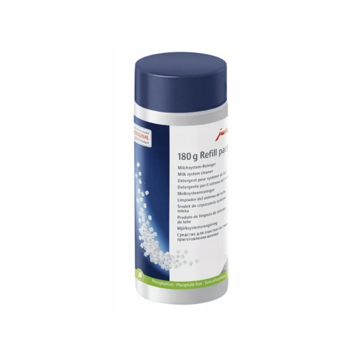 JURA Mini cleaning tablets for milk system – refill bottle 180g (24212), white plastic jar with dark blue lid and