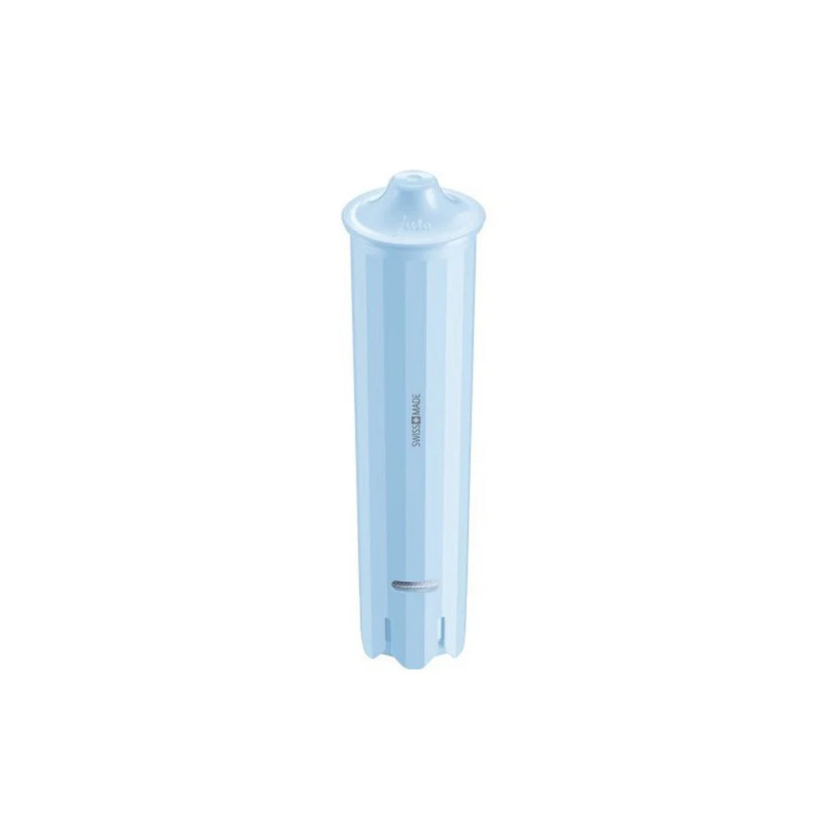 JURA CLARIS Blue+ water filter cartridge (24228) – light-blue cylindrical water filter cartridge with ribbed bottom and text