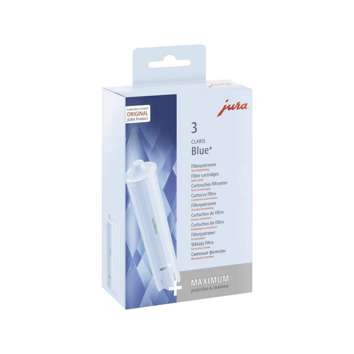 JURA Filtračná patróna CLARIS Blue+ 3 ks (24231) – balenie troch bielych filtrov v modro-šedej krabičke s logom jura