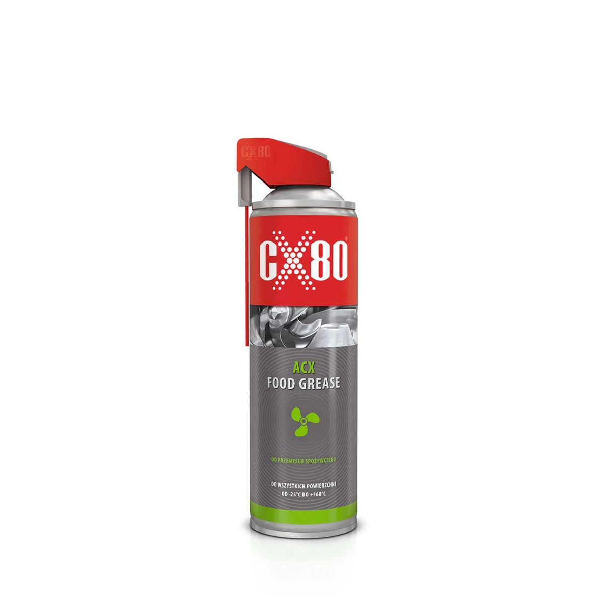 Červené a sivé aerosolové balenie CX-80 ACX Food Grease 500 ml so striekacím hrdlom a zeleným symbolom vrtule