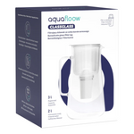 White box with an image of the Aquafloow ClassGlass 3 L transparent glass filter pitcher and product text