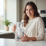 Woman holding a transparent glass filter pitcher with white lid and inserted white filter cartridge on a kitchen counter