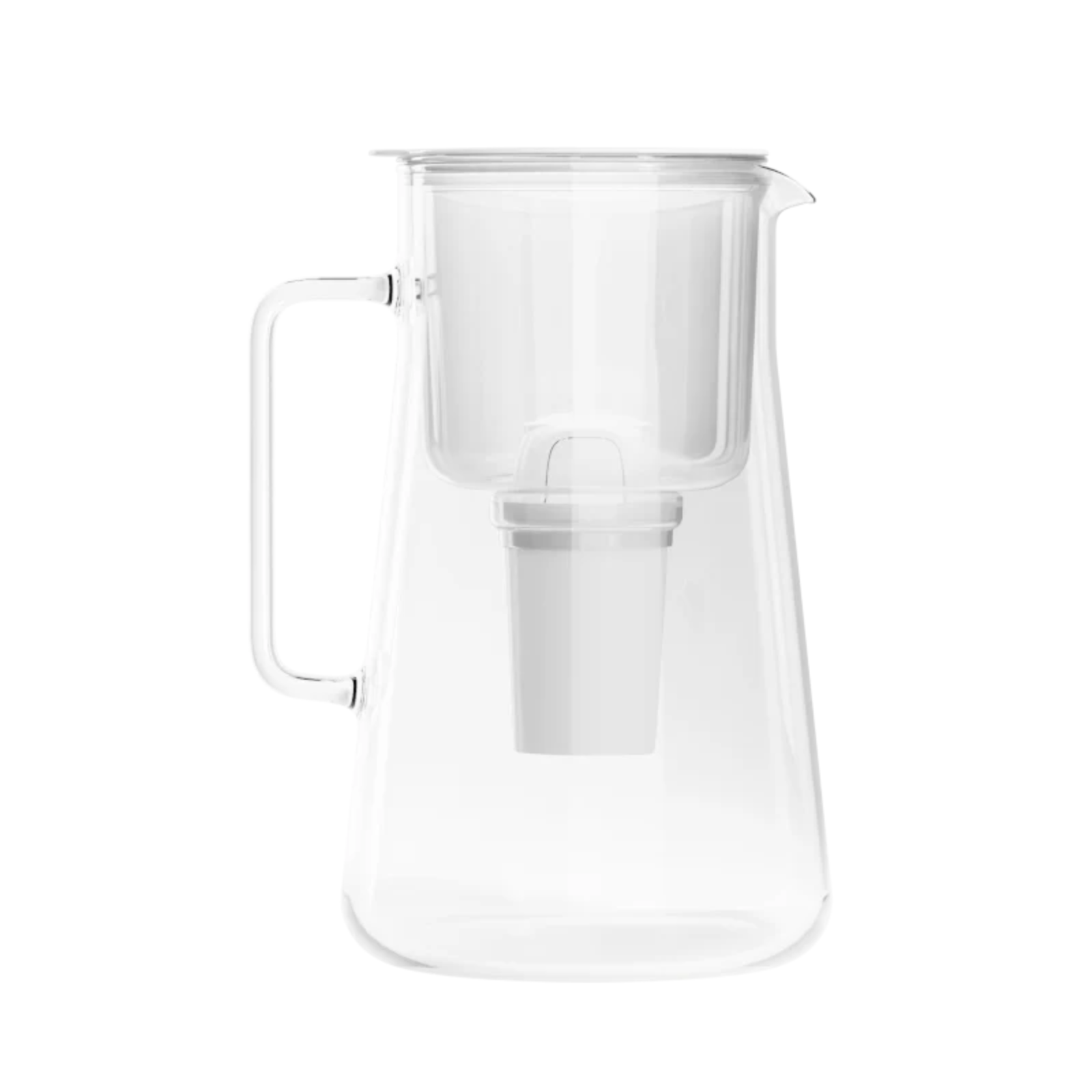 Transparent glass filter pitcher with handle and white filter cartridge centered, 3 L capacity
