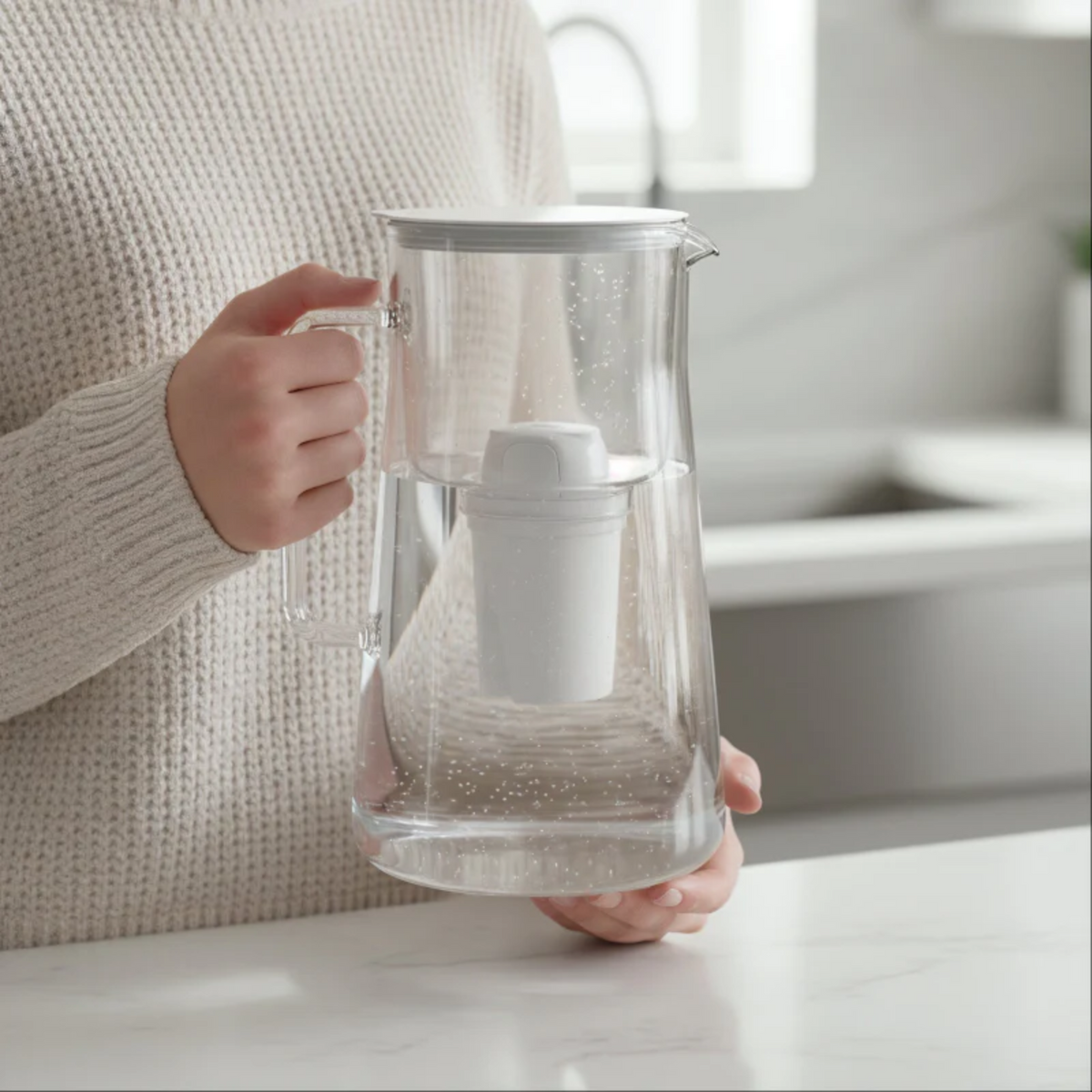 Glass filter pitcher with white lid and inserted filter cartridge held by a person in a cream sweater
