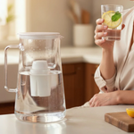 Transparent glass filter pitcher with white filter and lid next to a hand holding a glass of water with a lemon slice and mint