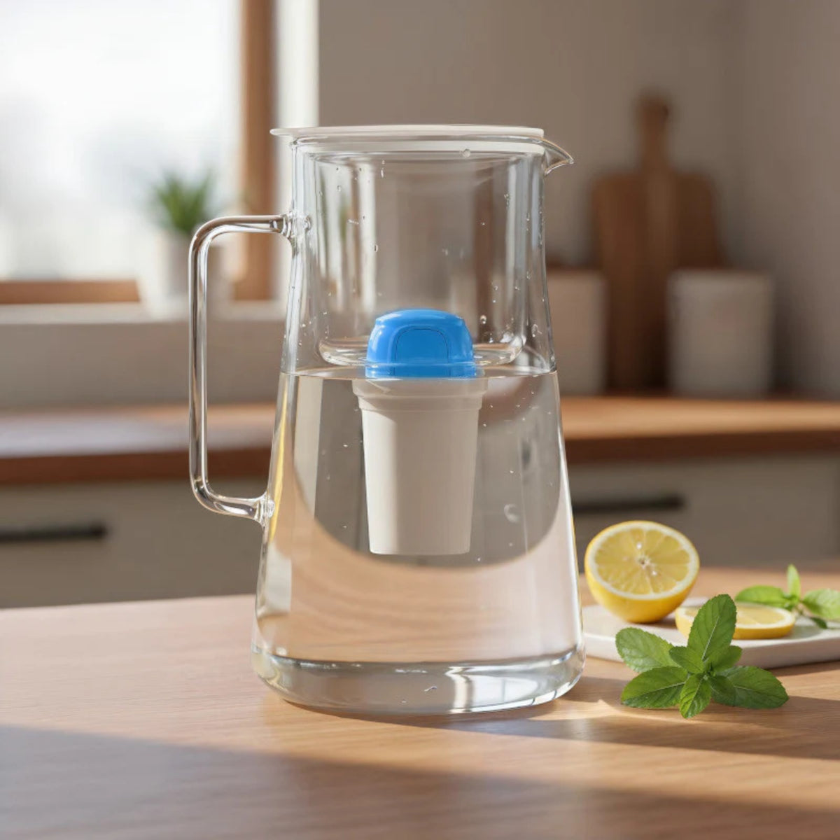 Transparent glass pitcher with handle, inside a white filter cartridge with a blue lid, on a wooden table with lemon slices
