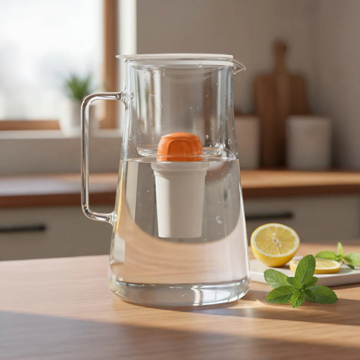 Glass filter pitcher with handle, internal white filter cartridge with orange lid filled with water on a kitchen counter