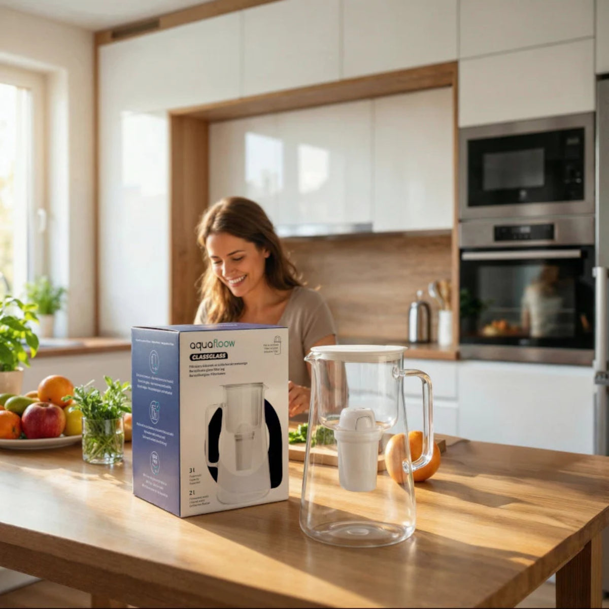 Transparent glass filter pitcher with lid and inserted cartridge next to Aquafloow box on a kitchen table, background visible