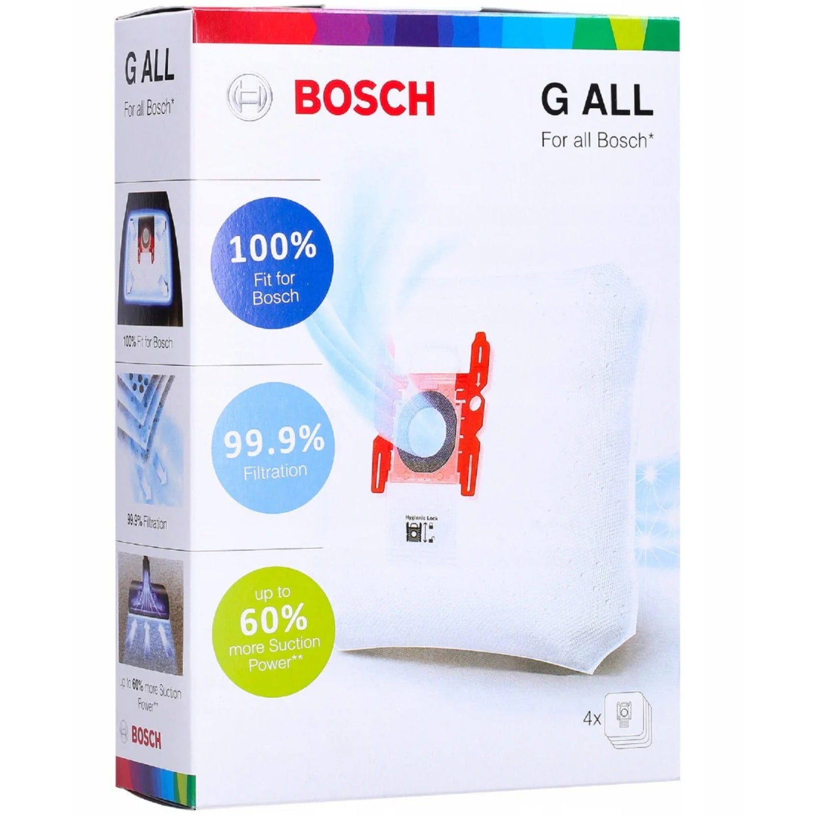 White Bosch G ALL vacuum bags box 4 pcs with BOSCH logo, colored circles indicating 100% fit, 99.9% filtration and other specs