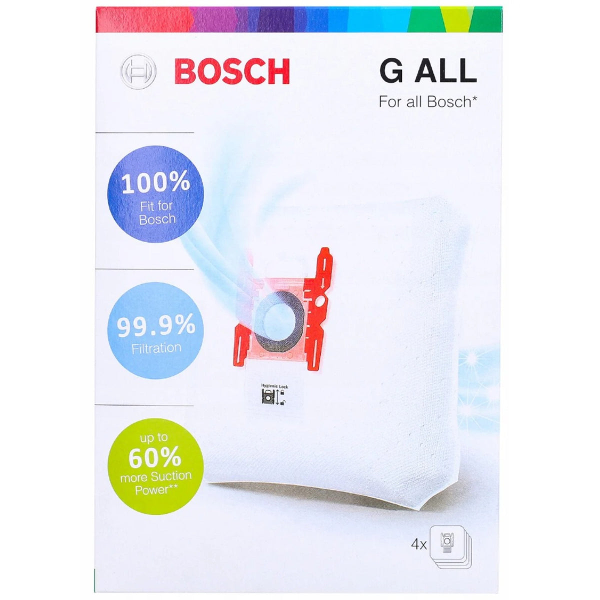 White pack of Bosch G ALL vacuum bags 4 pcs with a red holder, BOSCH logo and graphic circles showing 100%, 99.9% and 60%