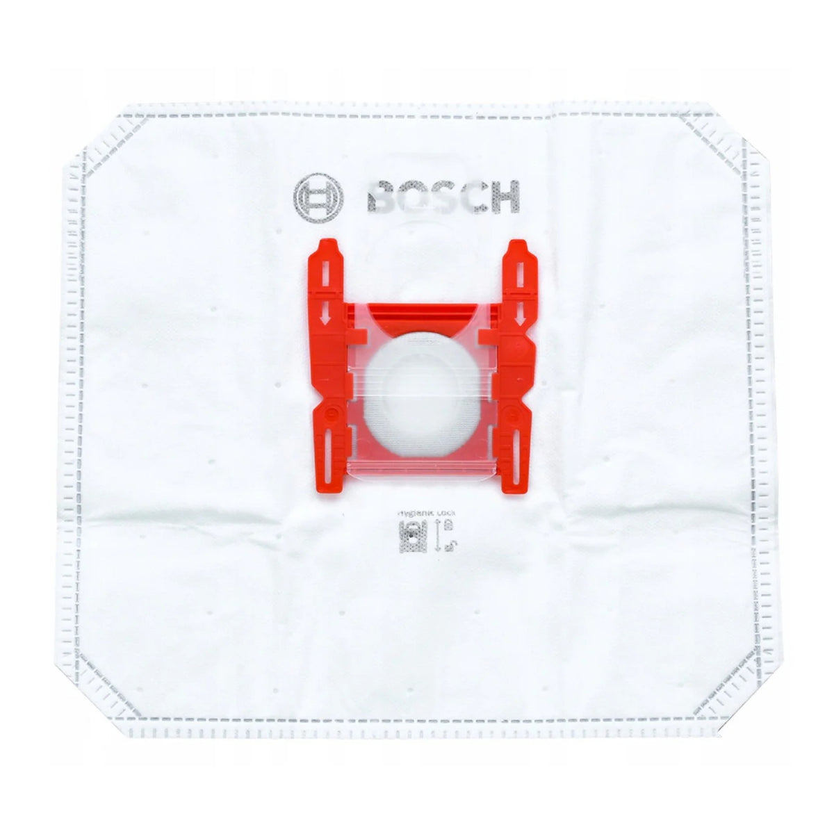 White square vacuum bag with a red plastic adapter and Bosch printed at the top