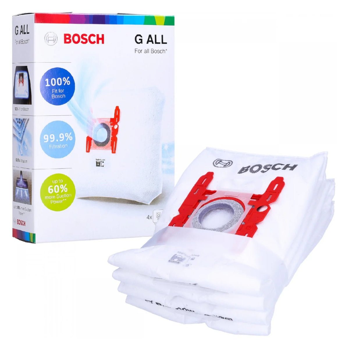 White Bosch G ALL box and four folded white vacuum bags with red plastic adapter and BOSCH text