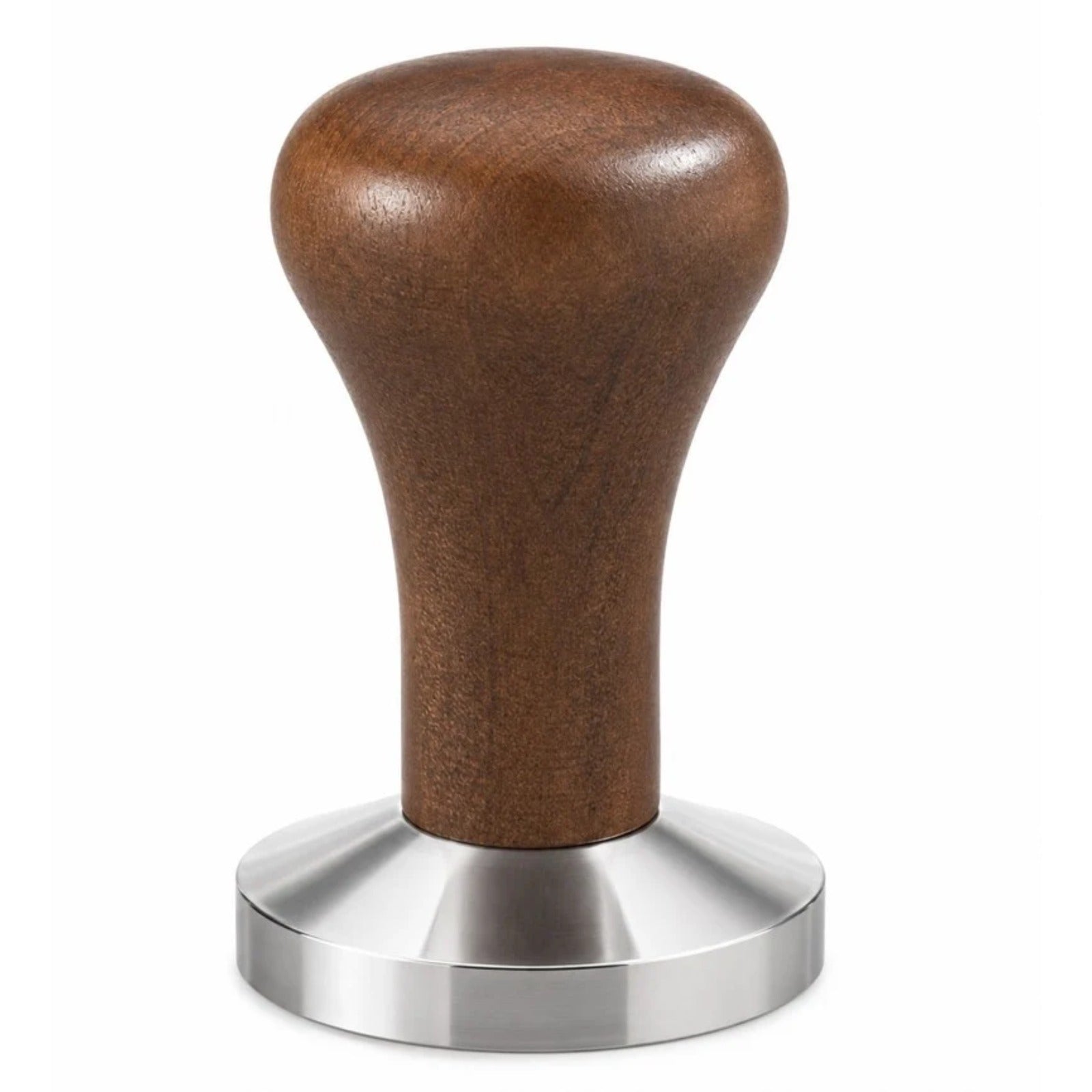 Nerezový tamper na utláčanie kávy v páke 58mm - tmavo hnedý: detail drevenej tmavo hnedej rukoväte a nerezovej hladkej základne