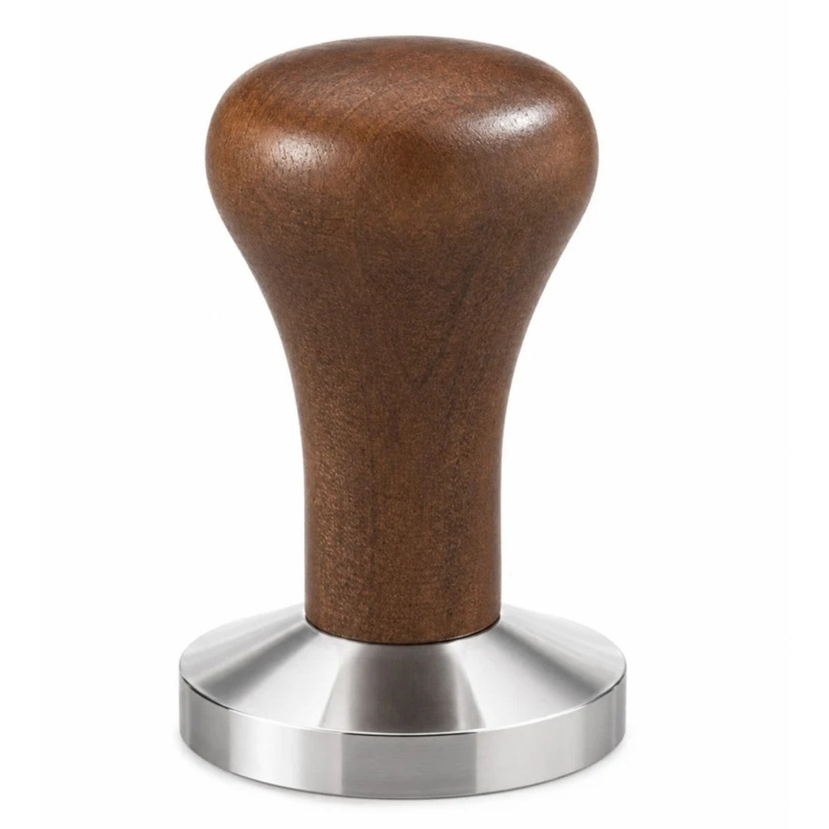 Nerezový tamper na utláčanie kávy v páke 58mm - tmavo hnedý: detail drevenej tmavo hnedej rukoväte a nerezovej hladkej základne