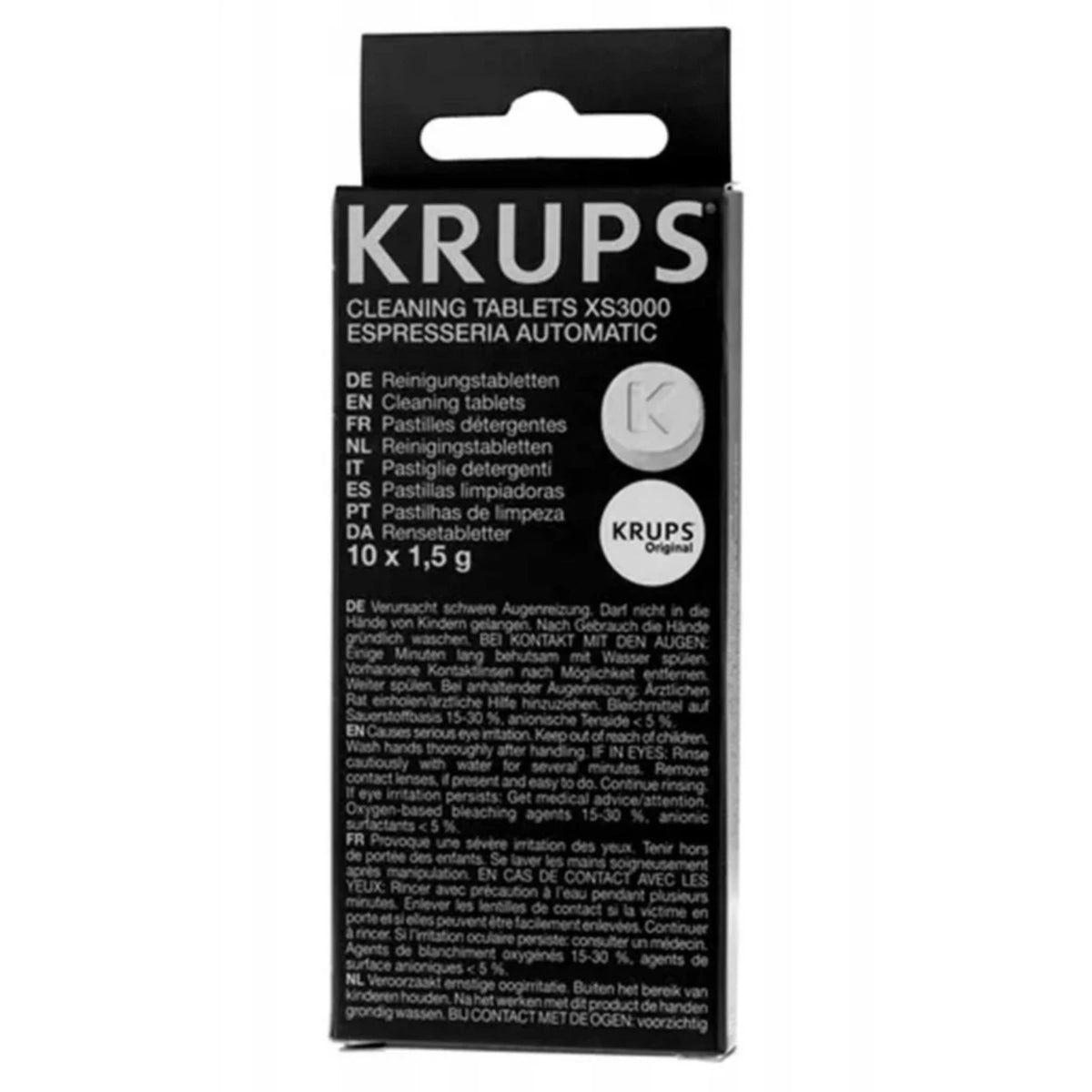 Čierne balenie KRUPS Cleaning Tablets XS3000 s bielym textom, obrázkom tablety a informáciami o obsahu 10 × 1,5 g.