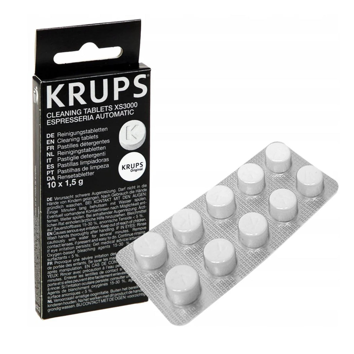 Čierne balenie KRUPS Cleaning Tablets XS3000 vedľa strieborneho blistra s desiatimi okrúhlymi bielymi tabletami