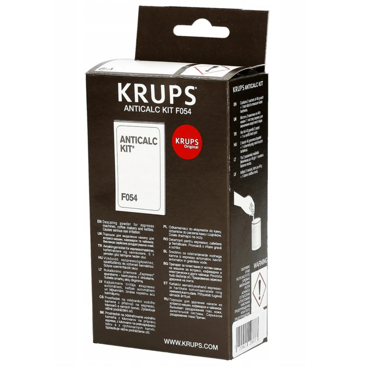 Čierne krabicové balenie Krups Anticalc Kit F054 s bielym nápisom, červeným logom a varovnými piktogrammi na boku