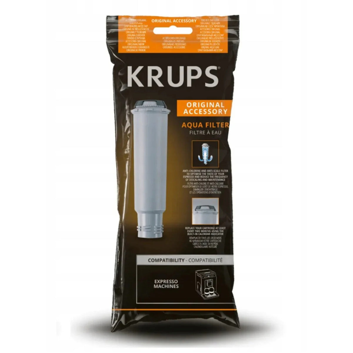 Black Krups Claris F08801 package with image of a gray water filter, KRUPS text and Aqua Filter wording