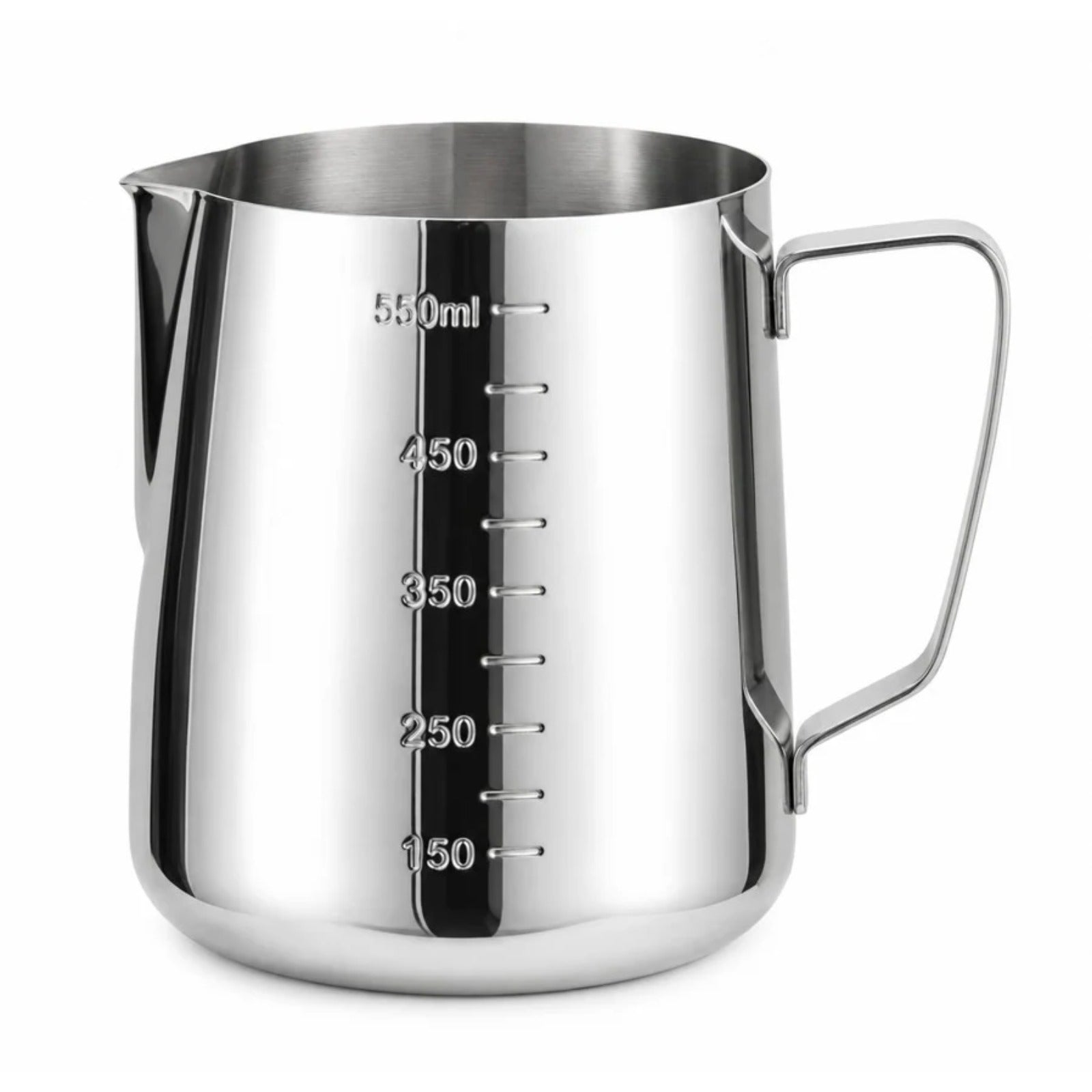 Nerezová kanvička na mlieko 550ml - lesklá nerezová kanvička s ryskami 150–550 ml, výlevkou a uhlovou rukoväťou