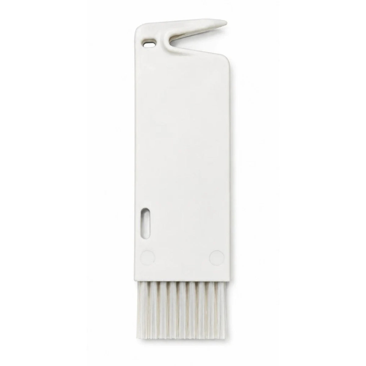 Flat 2‑in‑1 cleaning brush for robot vacuums – white plastic brush with narrow bristles and hanging hole