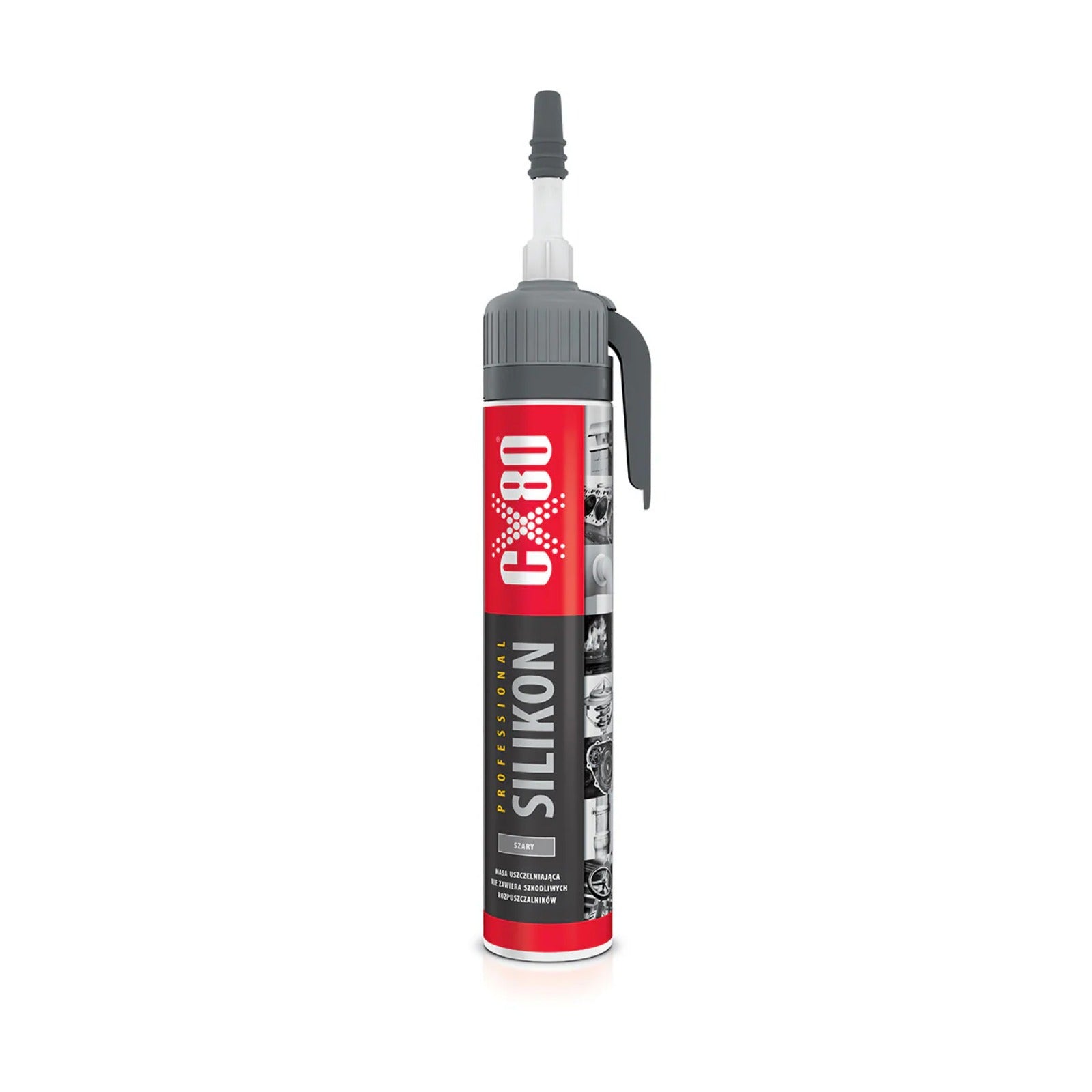 white and red CX-80 silicone cartridge 210 g with grey applicator and holder on a white background