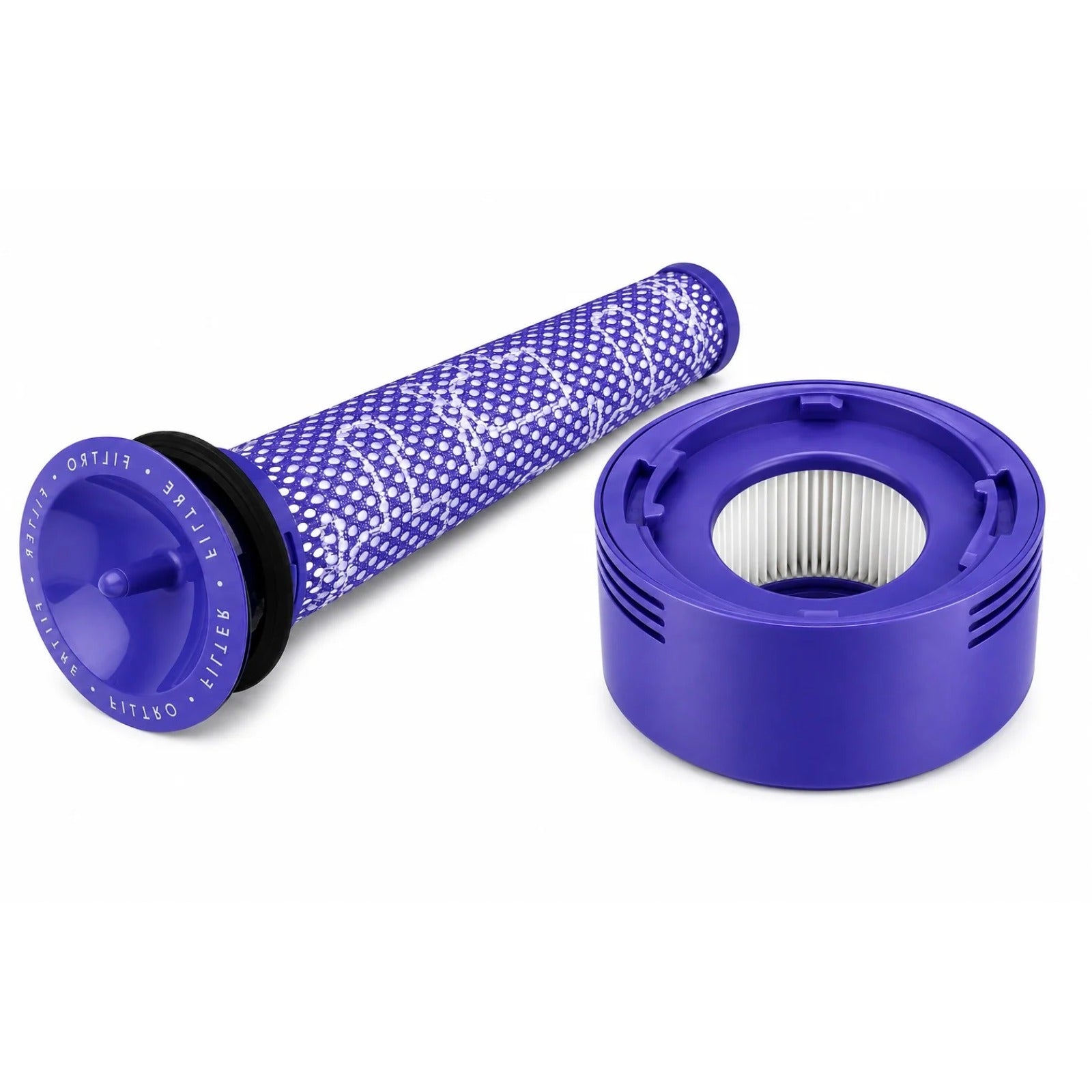 Sada HEPA filtrov pre Dyson V7/V8 – vstupné a výstupné umývateľné fialové filtre na bielom pozadí