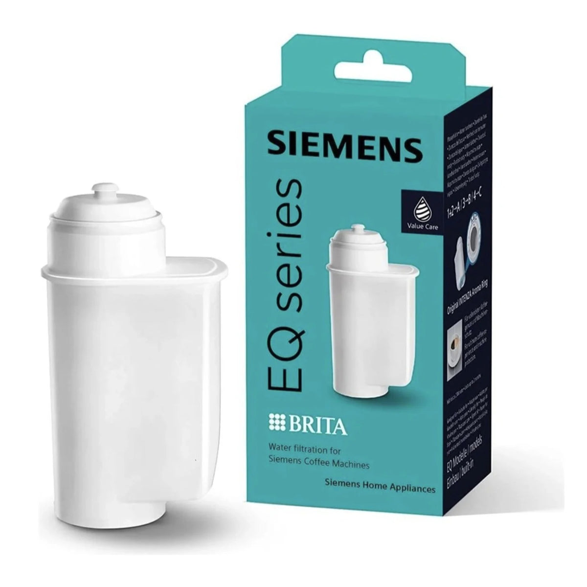 Biela filtračná patróna Brita Intenza vedľa tyrkysového obalu Siemens EQ series s nápisom BRITA