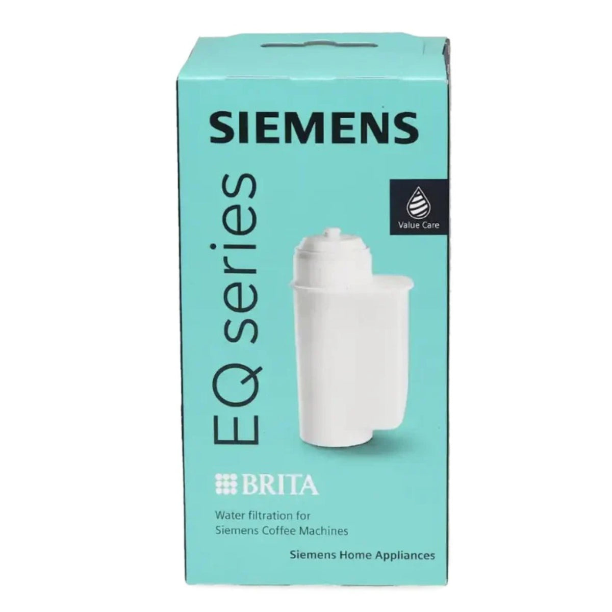 Tyrkysovo‑zelená krabička Siemens EQ series s bielou filtračnou patrónou Brita na prednej strane